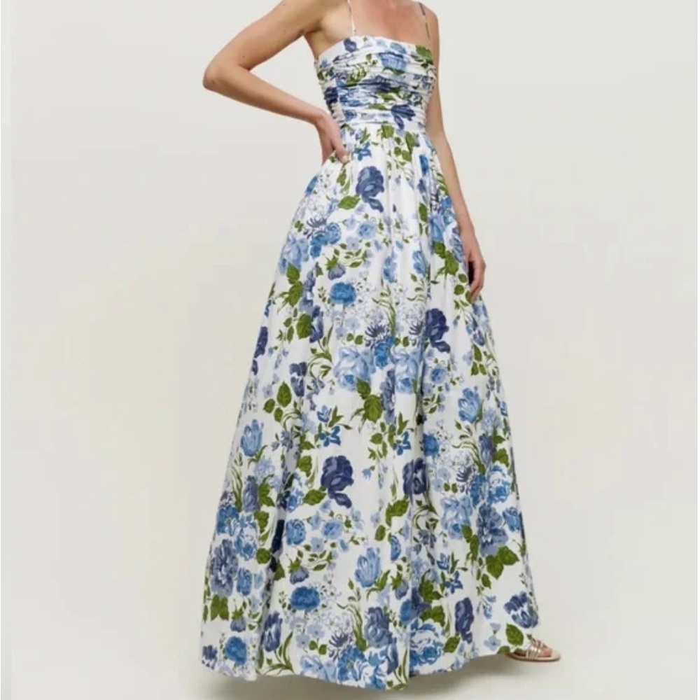 Reformation Kastoria Dress in Lucca White Blue Print Maxi Pleated Wedding